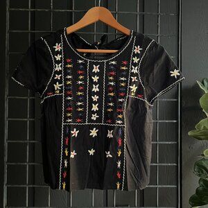 XXS - Madewell - Black 100% Cotton Floral Embroidered Shirt -Back Tie and Cutout